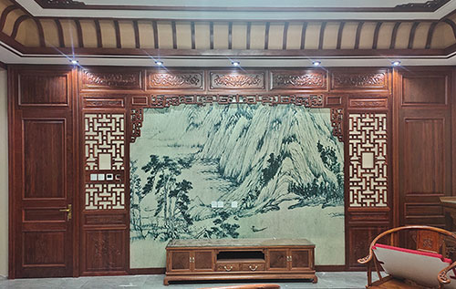 秦皇岛中式仿古别墅客厅背景墙花格木作装饰